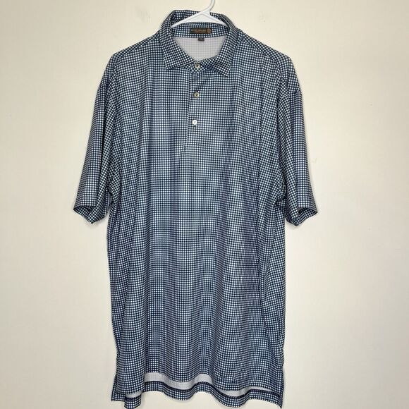 Peter Millar Summer Comfort E4 Polo Golf Shirt Blue White Check Mens Large Logo‎ - Picture 1 of 8